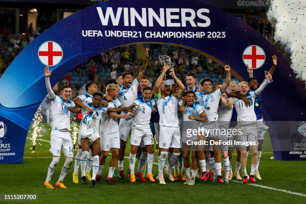 England players celebrate with trophy after winning the UEFA Under-21 Euro 2023 final match between England and Spain on July 8, 2023 in Batumi,...