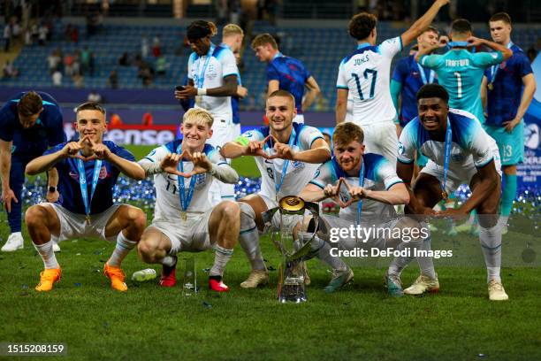 Luke Thomas of England, Anthony Gordon of England, Taylor Harwood-Bellis of England, Thomas Doyle of England and Ben Johnson of England celebrate...