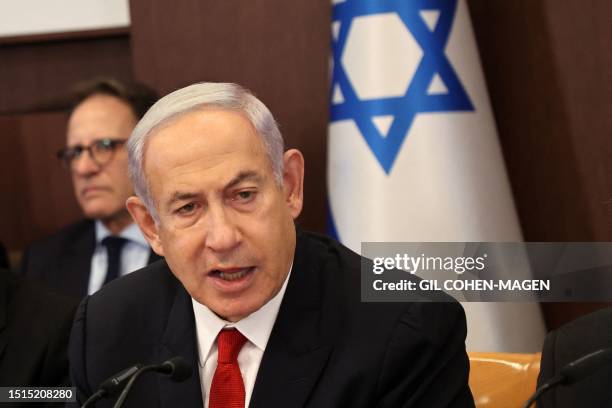 Israel's Prime Minister Benjamin Netanyahu attends the weekly cabinet meeting in his office in Jerusalem on July 9, 2023.