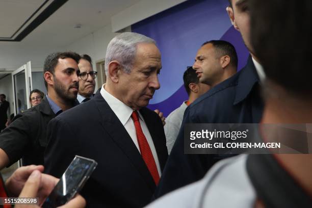 Israel's Prime Minister Benjamin Netanyahu arrives at his office to attend the weekly cabinet meeting in Jerusalem on July 9, 2023.