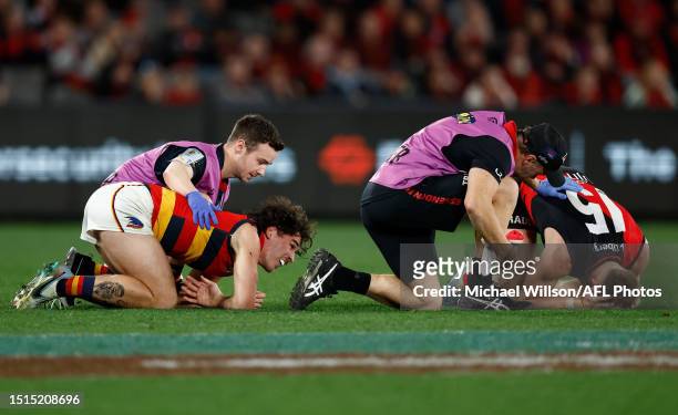 Lachlan Murphy of the Crows and Jayden Laverde of the Bombers are seen injured during the 2023 AFL Round 17 match between the Essendon Bombers and...