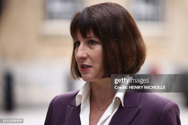 Britain's main opposition Labour Party Shadow Chancellor of the Exchequer Rachel Reeves speaks to members of the media after appearing on the BBC's...