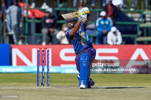 Sri Lanka's Sadeera Samarawickrama plays a shot during the ICC Men's Cricket World Cup Qualifier Zimbabwe 2023 final match between Sri Lanka and...