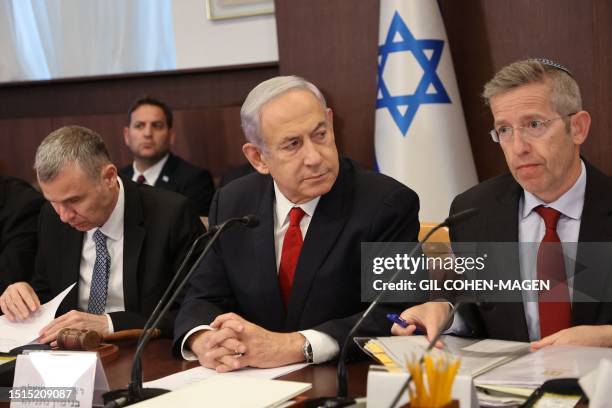 Israel's Prime Minister Benjamin Netanyahu attends the weekly cabinet meeting in his office in Jerusalem on July 9, 2023.