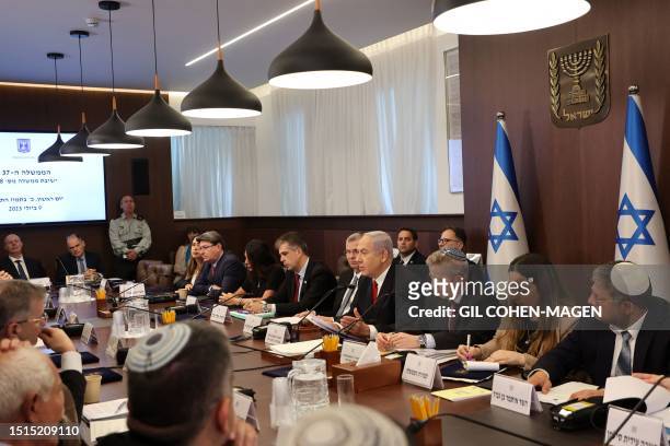 Israel's Prime Minister Benjamin Netanyahu arrives at his office to attend the weekly cabinet meeting in Jerusalem on July 9, 2023.