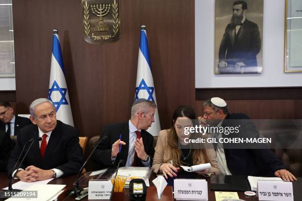 Israel's Prime Minister Benjamin Netanyahu attends the weekly cabinet meeting in his office in Jerusalem on July 9, 2023.