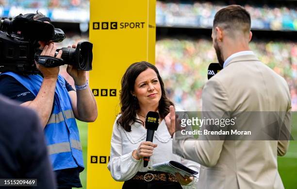 Dublin , Ireland - 8 July 2023; BBC presenter Sarah Mulkerrins interviews former Antrim hurler Neil McManus before the GAA Hurling All-Ireland Senior...