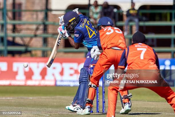 Sri Lanka's Sahan Arachchige plays a shot during the ICC Men's Cricket World Cup Qualifier Zimbabwe 2023 final match between Sri Lanka and...