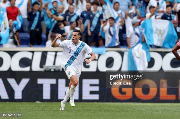 Rubio Rubin of Guatemala celebrates his goal during the first half of the Group D match against Guadeloupe of the Concacaf Gold Cup at Red Bull Arena...