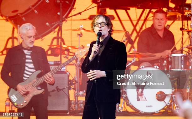 Jarvis Cocker of Pulp performs at Castlefield Bowl on July 04, 2023 in Manchester, England.