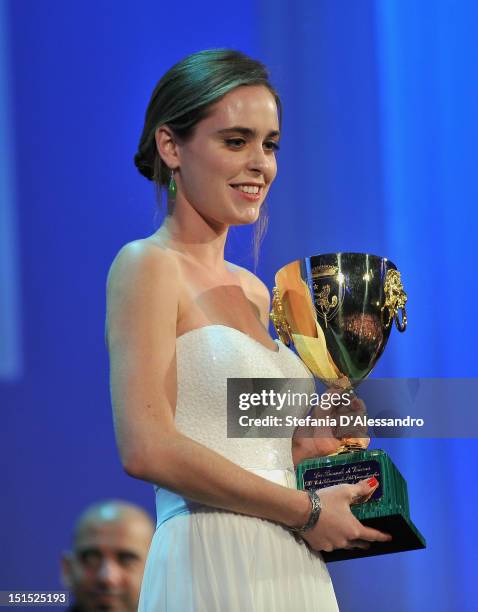 Hadas Yaron wins the award for best actress during the Award Ceremony Inside during The 69th Venice Film Festival at the Palazzo del Cinema on...