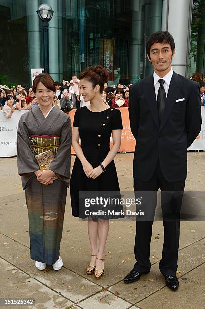 Mari Yamazaki, Aya Ueto and Hiroshi Abe attend the "Thermae Romae" premiere during the 2012 Toronto International Film Festival at Roy Thomson Hall...