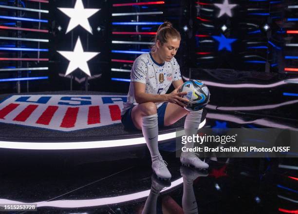 Kelley O'Hara of the United States stands on a Fox Sports set during a USWNT Press Conference and Media Day at Dignity Health Sports Park on June 27,...