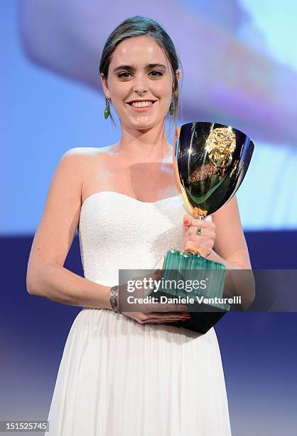Hadas Yaron receives the Coppa Volpi for best actress during the Award Ceremony during The 69th Venice Film Festival at the Palazzo del Cinema on...