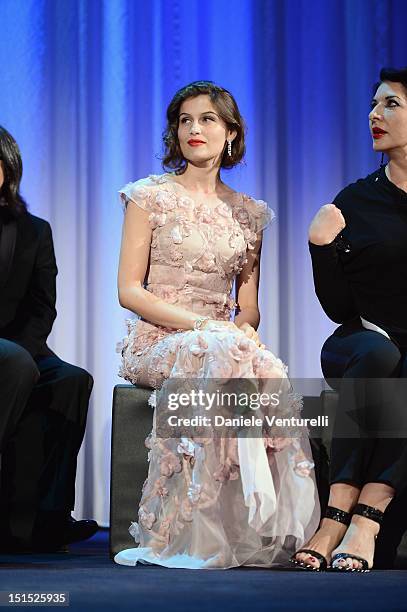 Jury member Laetitia Casta attends the Award Ceremony Inside during The 69th Venice Film Festival at the Palazzo del Cinema on September 8, 2012 in...