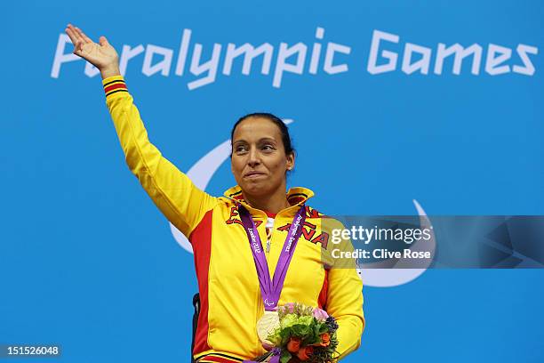 Gold medallist Teresa Perales of Spain poses on the podium during the medal ceremony for the Women's 100m Freestyle - S5 final on day 10 of the...