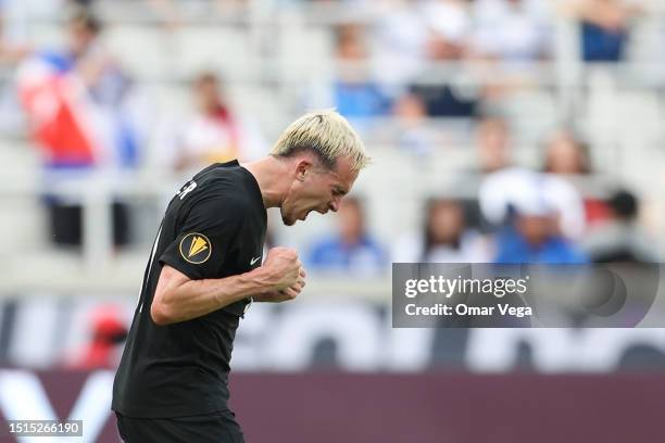 Liam Millar of Canada celebrates after scoring the fourth of his team during match between Canada and Cuba as part of the 2023 CONCACAF Gold Cup at...