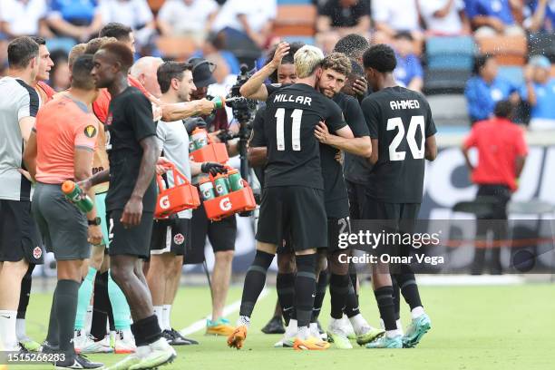 Liam Millar of Canada celebrates with his teammates after scoring the fourth of his team during match between Canada and Cuba as part of the 2023...