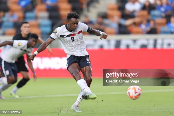 Maykel Reyes of Cuba kicks a penalty to score the second goal of his team during a match between Canada and Cuba as part of the 2023 CONCACAF Gold...