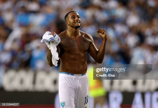Nathaniel Mendez-Laing of Guatemala celebrates the win over Guadeloupe after the Group D match of the Concacaf Gold Cup at Red Bull Arena on July 04,...