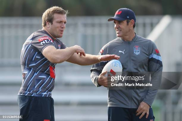 Blues coach Brad Fittler talks to Jake Trbojevic during a New South Wales Blues State of Origin squad training session at Coogee Oval on July 05,...