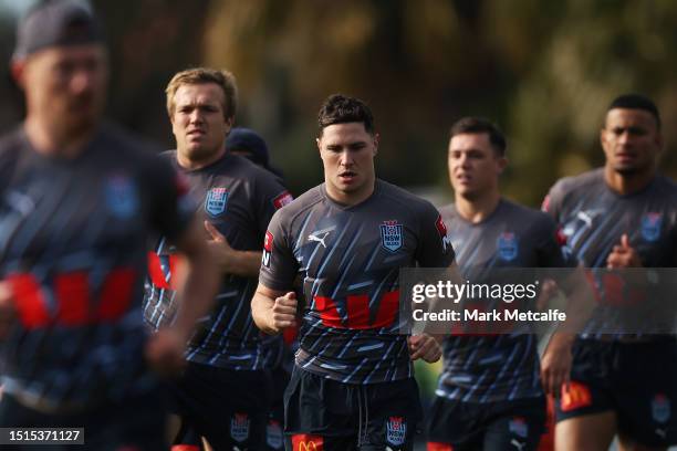 Mitchell Moses trains during a New South Wales Blues State of Origin squad training session at Coogee Oval on July 05, 2023 in Sydney, Australia.