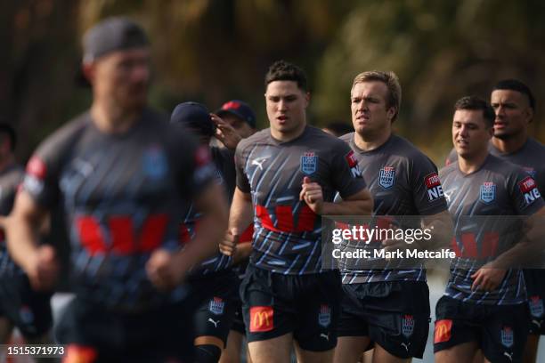 Jake Trbojevic trains during a New South Wales Blues State of Origin squad training session at Coogee Oval on July 05, 2023 in Sydney, Australia.