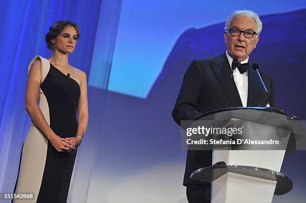 Patroness Kasia Smutniak watches as president of la Biennale di Venezia Paolo Baratta speaks during the Award Ceremony Inside during The 69th Venice...