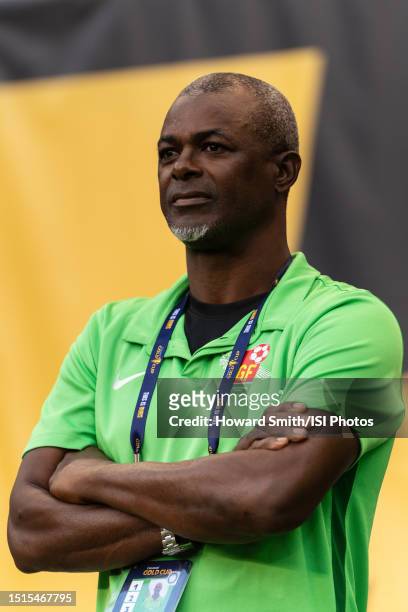 Guadeloupe head coach Jocelyn Angloma along the sidelines prior to a 2023 Concacaf Gold Cup group D match at Red Bull Arena on July 4, 2023 in...