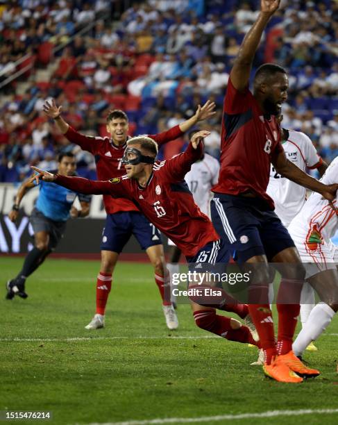 Francisco Calvo of Costa Rica celebrates his goal during the first half of the Group C match against Martinique during the Concacaf Gold Cup at Red...