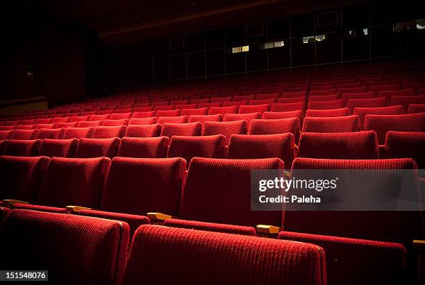 empty theatre with red seats in low light - chairs in a row stock pictures, royalty-free photos & images