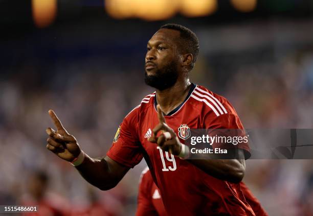 Kendall Waston of Costa Rica celebrates his goal during the first half of the Group C match against Martinique during the Concacaf Gold Cup at Red...