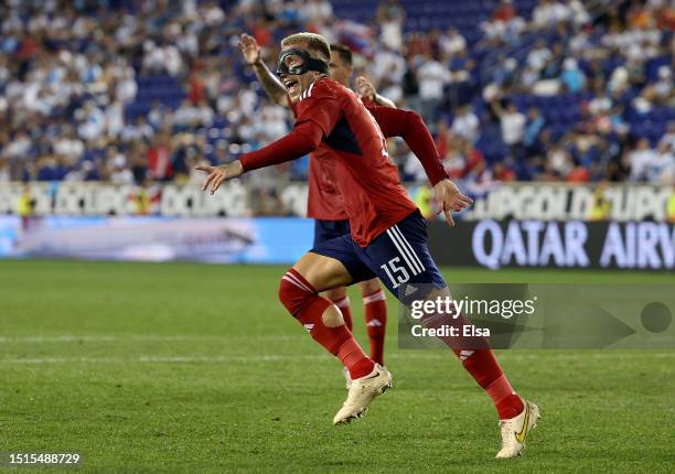 Francisco Calvo of Costa Rica celebrates his goal during the first half of the Group C match against Martinique during the Concacaf Gold Cup at Red...