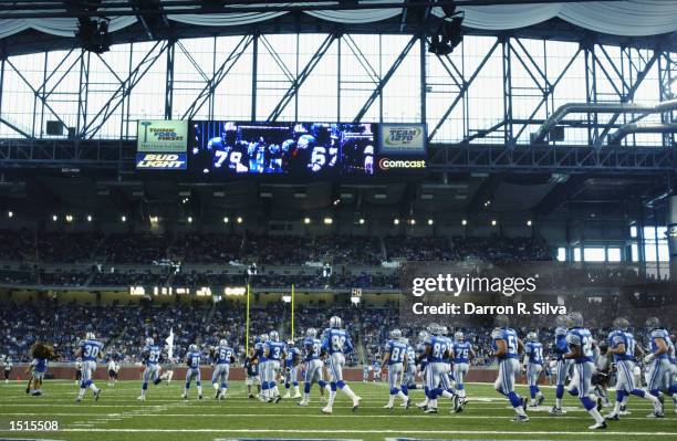 General view of the Detroit Lions as they run onto the field before the game against the New Orleans Saints on September 29, 2002 at Ford Field in...