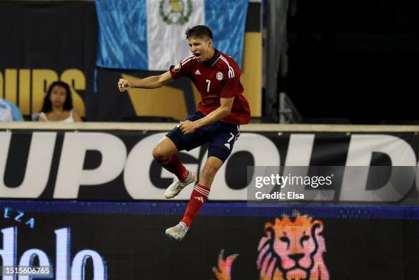 Anthony Contreras of Costa Rica celebrates his goal in the second half against Martinique of the Group C match of the Concacaf Gold Cup at Red Bull...