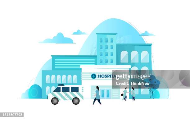 ilustraciones, imágenes clip art, dibujos animados e iconos de stock de accidente y exterior de emergencia del hospital con médicos y pacientes. concepto de vector médico - sección hospitalaria