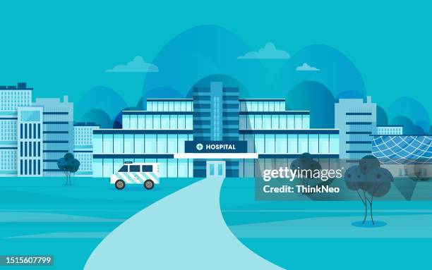 health center, exterior of hospital building. ambulance - van front view stock illustrations