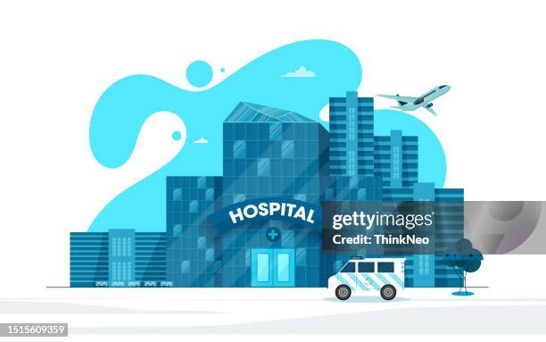 illustrations, cliparts, dessins animés et icônes de hôpital de ville avec ambulance - design plat moderne - building site accidents