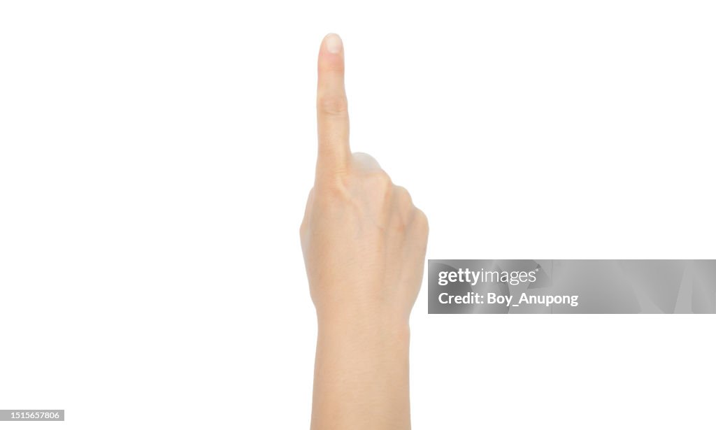 Hand with pointing or touching gesture isolated on white background.