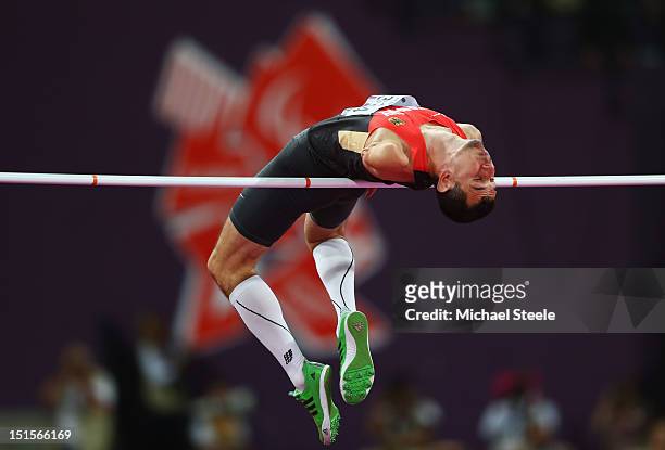 Reinhold Boetzel of Germany competes in the Men's High Jump F46 Final on day 10 of the London 2012 Paralympic Games at Olympic Stadium on September...