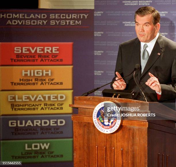 Homeland Security Chief Tom Ridge discusses the new color-coded US threat advisory system 12 March, 2002 in Washington, DC, which will allow the...