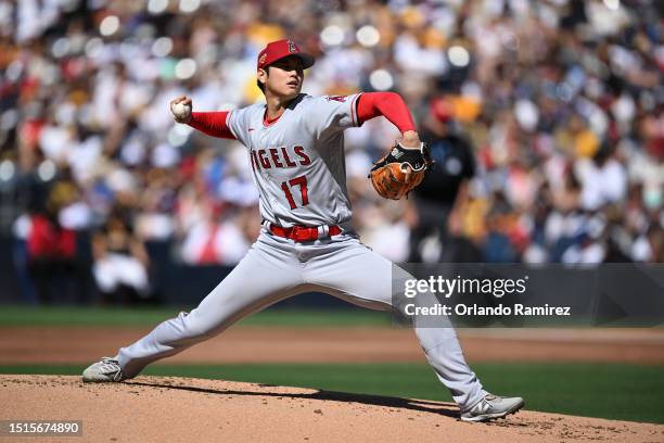 Shohei Ohtani of the Los Angeles Angels throws a pitch against the San Diego Padres during the first inning at PETCO Park on July 04, 2023 in San...