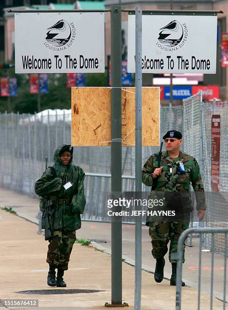 National Guardsmen and women from units around the US patrol outside the Superdome 01 February, 2002 in New Orleans, Louisiana. Security in New...