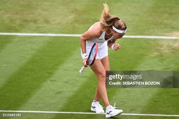 Czech Republic's Marie Bouzkova celebrates winning a point against Czech Republic's Marketa Vondrousova during their women's singles tennis match on...