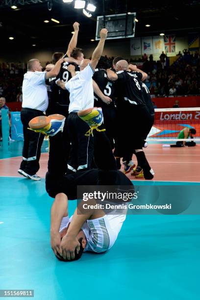 Adnan Kesmer of Bosnia and Herzegovina celebrates after winning the gold in the Men's Sitting Volleyball competition on day 10 of the London 2012...