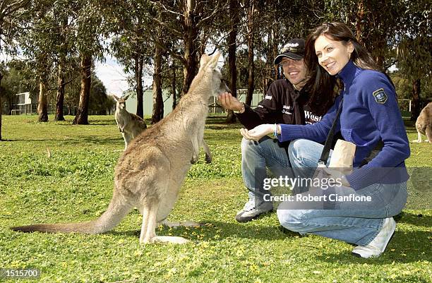 Loris Capirossi of Italy and the West Honda Pons Race Team feeds the kangaroos with his wife Ingrid at the Phillip Island Wild Life Park in...