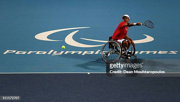 Shingo Kunieda of Japan in action against Stephane Houdet of France in the Mens Wheelchair Gold Medal match on day 10 of the London 2012 Paralympic...