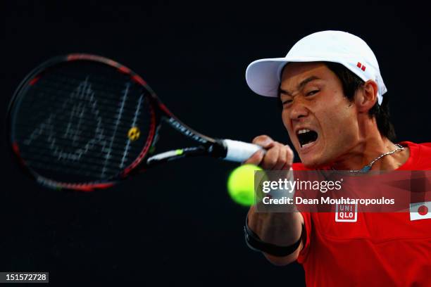 Shingo Kunieda of Japan in action against Stephane Houdet of France in the Mens Wheelchair Gold Medal match on day 10 of the London 2012 Paralympic...