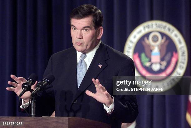 Tom Ridge, newly sworn-in director of the Office of Homeland Security, briefs the press at the Old Executive Office Building next to the White House...