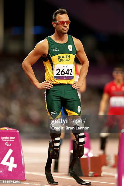 Oscar Pistorius of South Africa looks on prior to the Men's 400m T44 Final on day 10 of the London 2012 Paralympic Games at Olympic Stadium on...